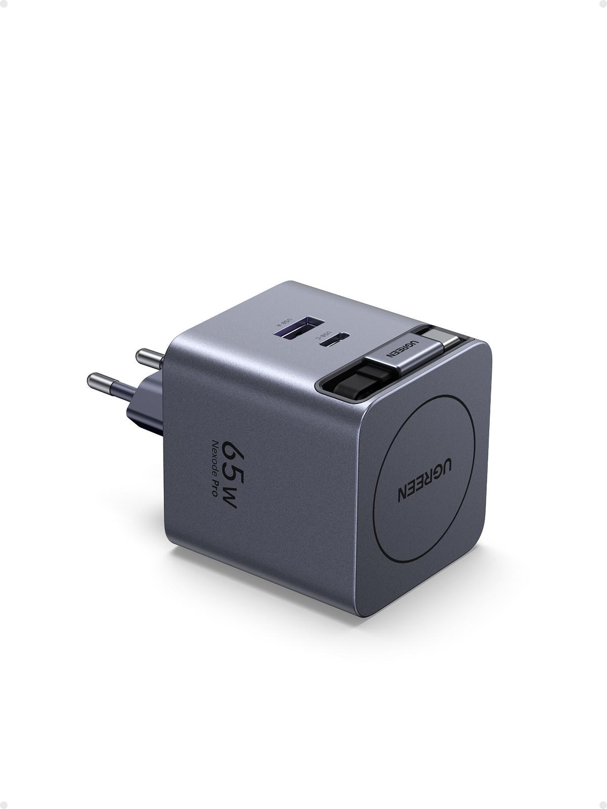 UGREEN X615 GaN Fast Charger 65W Ladegerät 1x USB-A 1x USB-C 1x ausziehbares USB-C Kabel 0,70m UG65825