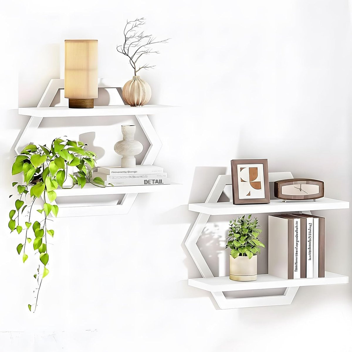 SnelShoppen Set van 2 Houten Wandplanken met Hexagonaal Design