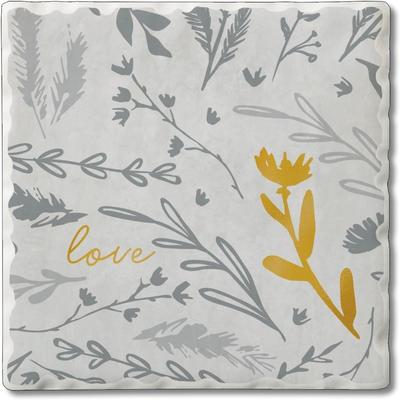 CounterArt "Grey Floral Sketch 4 Pack Single Absorbent Stone Coaster with Protective Cork Backing Made in The USA 4"" Square, Wipes Clean"