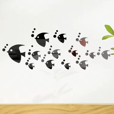 Inspire Curations 8 Piece 3D Marine Fish Acrylic Mirror Wall Stickers black