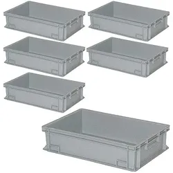 BRB 6er Set Eurobehälter mit 2 Griffleisten 600x400x150 mm, 27 Liter, grau