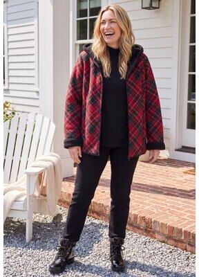 Women's Printed Fleece Coat with Sherpa Lining by Catherines in Red Black Bias Plaid (Size 2X)