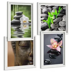 BILDER SET 4er Set - 50x50 cm & 40x60 cm Weißer Rahmen - Friedliche Zen-Blumen-Buddha-Komposition