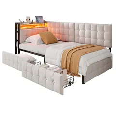 OKWISH Multifunktionales Schlafsofa 90x200 cm mit Stauraum, LED-Beleuchtung, USB-Anschluss, umwandelbar, robust, modern für kleine Apartments Beige