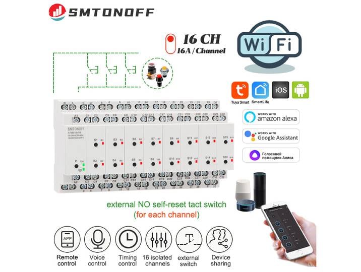 Interrupteur intelligent Tuya WIFI 16 canaux isolés, 16 groupes, avec minuterie, commande à distance par interrupteur externe et commande vocale