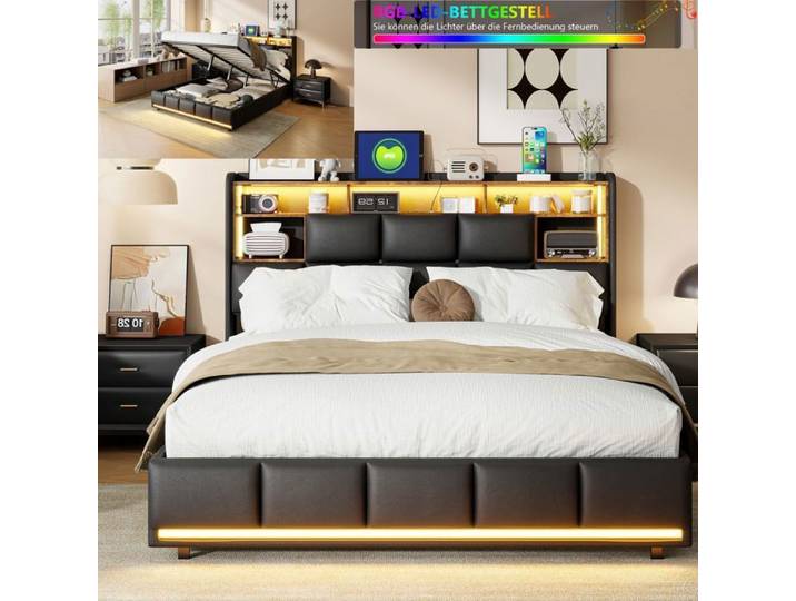 Lit double 140x200 cm NMONET LED USB Hydraulique tissu en PU cadre de lit 140x200 cm lit coffre 140x200 cm noir