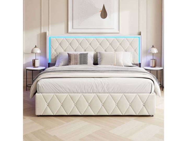 Lit coffre 140x190 cm avec LED et coffre de rangement - Lit 140x190 cm - USB - Lit adulte 140x190 cm - Sommier inclus - Beige