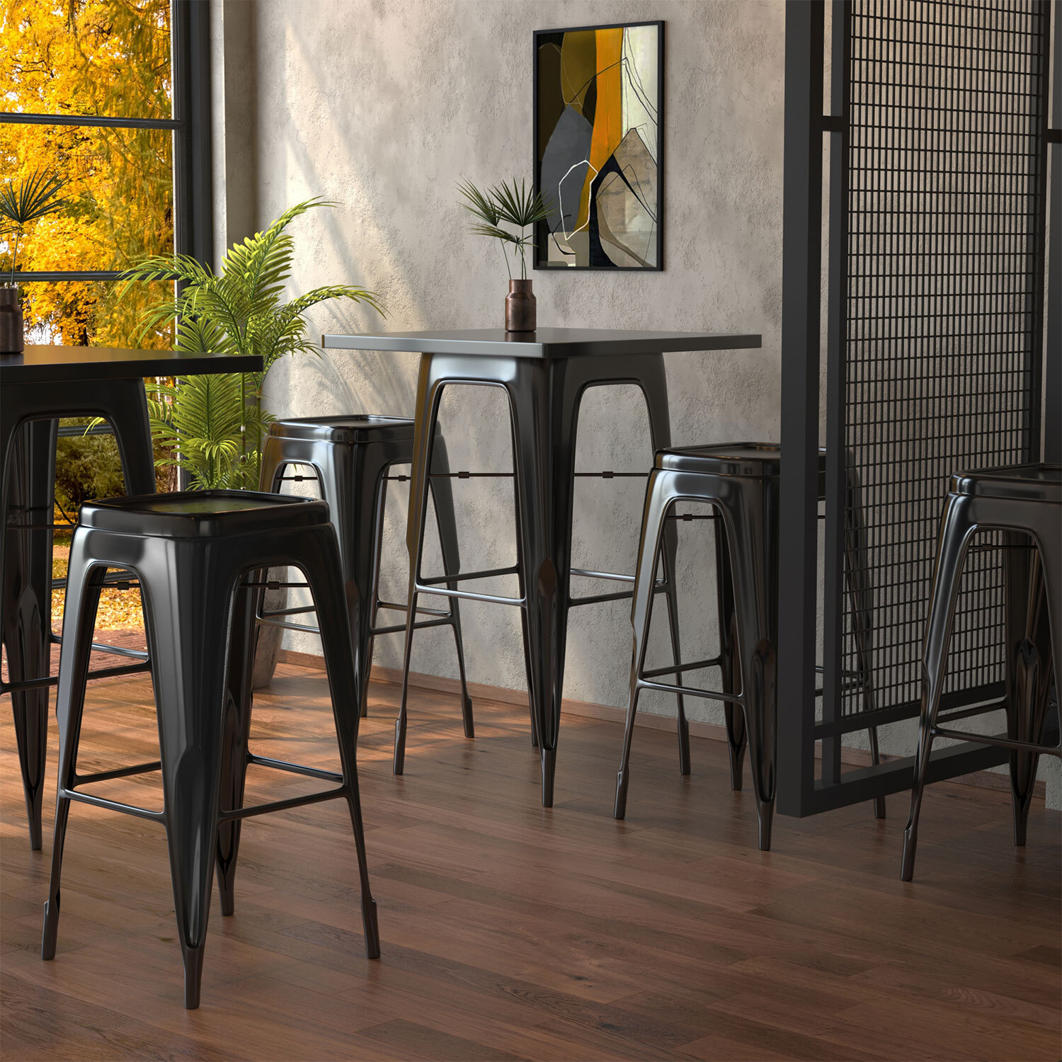 CALIFORNIA | Tolix Tisch- & Stuhl-Set | 2x Barstuhl | 60x60cm | Schwarz Matt | Industrie Vintage Retro Restaurant Hotel Kneipen Gastro Loft Shabby Factory Tolix
