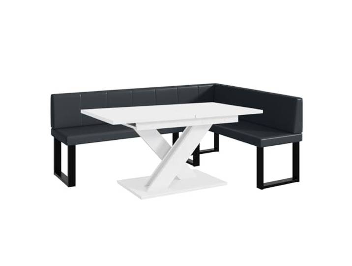 MEBLINI Eckbank für Esszimmer mit ausziehbarem Tisch - Küchenbank - Essecke - Sitzecke Küche - Peter - U-Beine 142x196x87cm Rechts - Dunkelgrau Kunstleder/B Weiß Matt