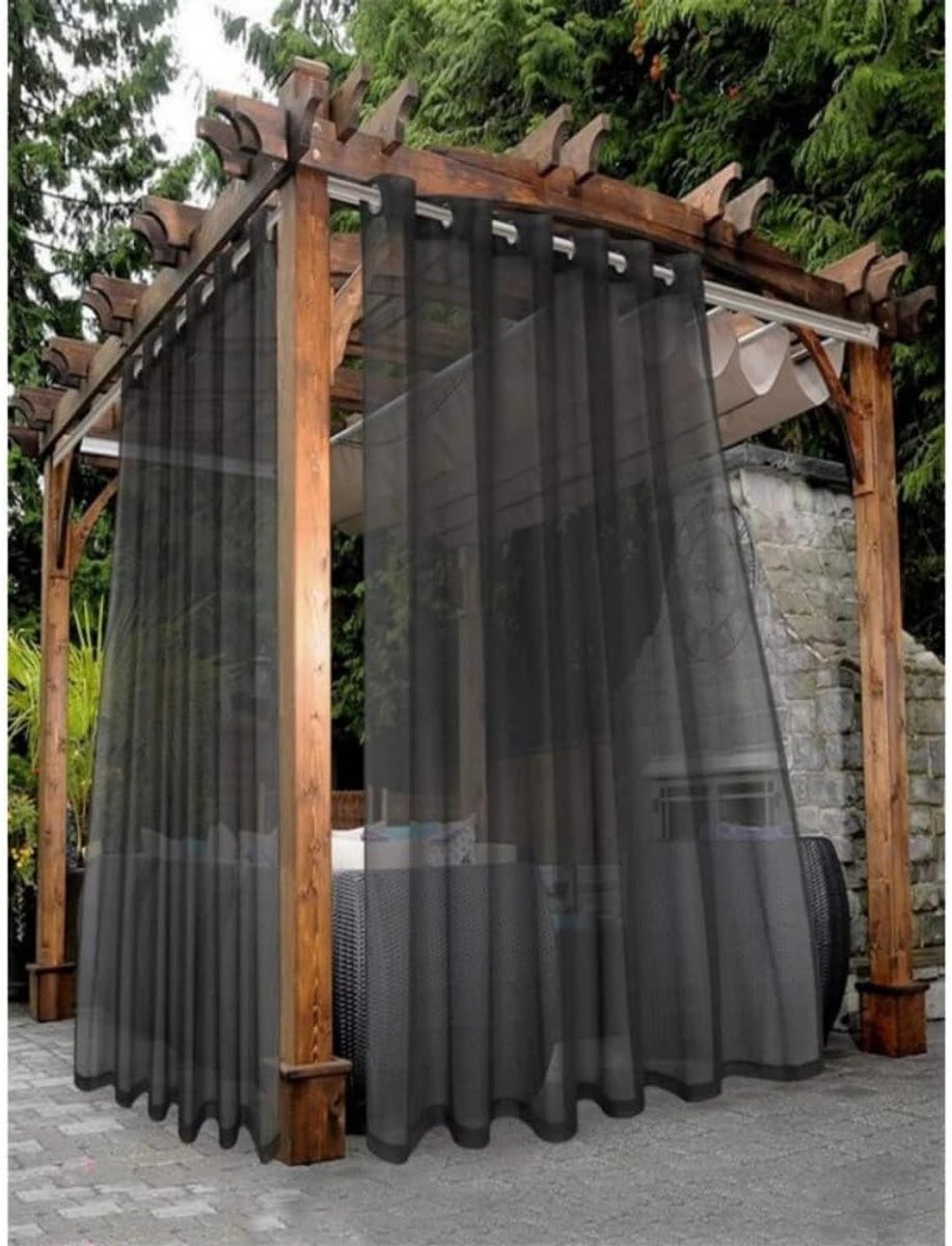 Waterdichte en winddichte voile buitengordijnen voor veranda of tuinhuisje, semi-transparant, zwart, 132 x 213 cm