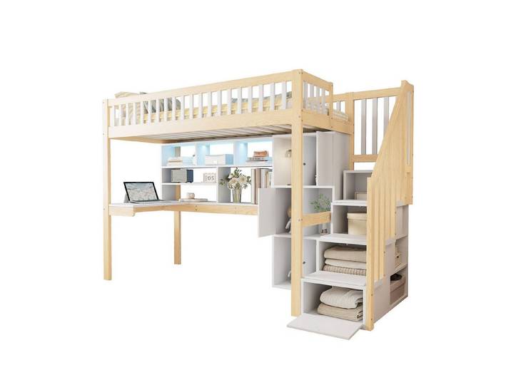 SOFTWEARY Hochbett mit Schreibtisch und Stauraum (90x200 cm, Regal, Schrank, Rausfallschutz und Treppe) Kinderbett, Jugendbett, Kiefer