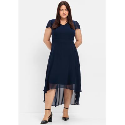 Abendkleid SHEEGO "Abendkleid", Damen, Gr. 58, Normalgrößen, Kurzarm, Georgette, blau (marine), Georgette, 100% Polyester, unifarben, lang, V-Ausschnitt, Kleider Abendkleid