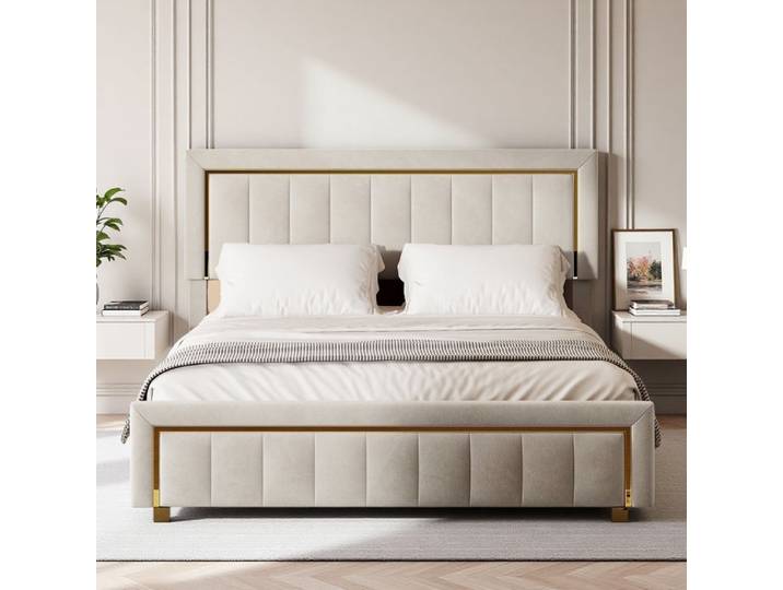 Lit 140x200 Lit coffre avec Tête de lit Lit double rembourré Lit coffre 140x200 cm Lit 2 personnes sommier à lattes Velours beige