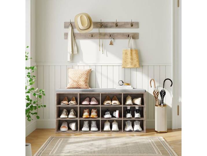 HOOBRO Banc à Chaussures Banc de Rangement avec 12 Compartiments Étagère à Chaussures Porte-Manteau 100 x 30 x 48 cm Gris