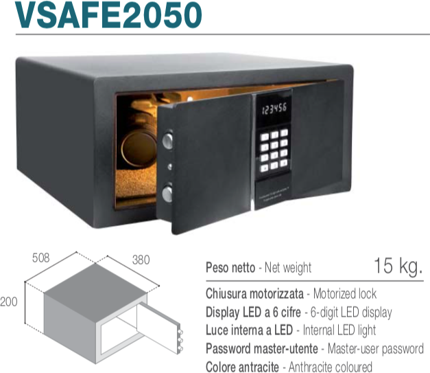 Ⓜ️🔵🔵🔵 Vitrifrigo VSAFE 2050 - Cassaforte elettronica monoporta frontale, Chiusura motor