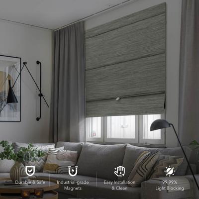 "GoDear Design 99.99% Blackout Magnetic Roman Shades, No Drill Cordless Woven Fabric Blinds 23"", 37"", 35"", 46"" W, Iron."