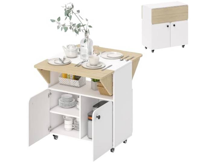 HOMCOM Klappbarer Esstisch, Rollbar Klapptisch, Versteckt Schrank, Weiß Verstecktes Regal, Esszimmer, Wohnzimmer, kleine Räume