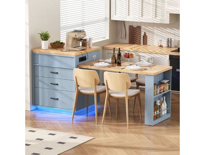 Table de Bar îlot de Cuisine sur Roulettes Table à Manger Extensible avec éclairage LED et Prise électrique Buffet Cuisine Bleu