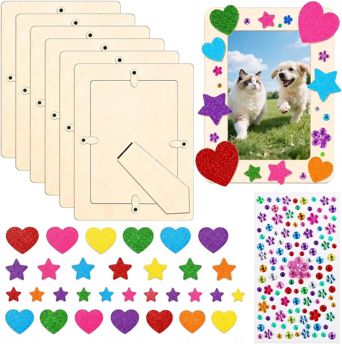 Knutselset met 6 ongeverfde houten fotolijsten en stickers voor creatief versieren