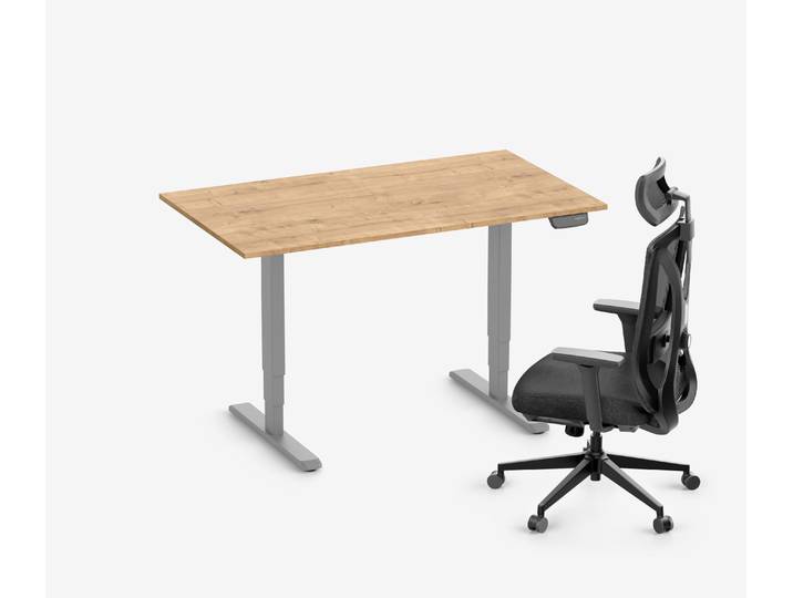 PRIMUS Schreibtisch + Stuhl VITA MESH Grau Hoch, Sitzhöhe 52 - 64 cm 140x80 Eiche
