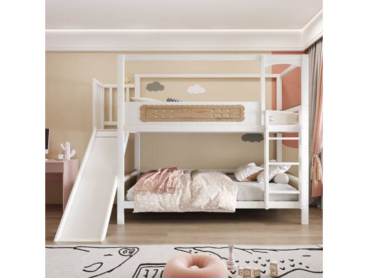 Lit superposé enfant - KOMHTOM - forme maison - 90x200 cm - toboggan - échelle large