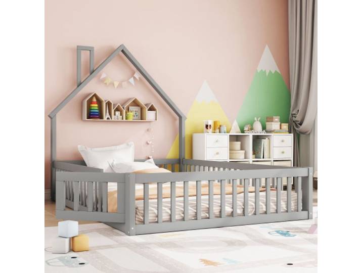 Lit enfant - 140 x 200 cm - Forme de cheminée - Grilles de sécurité - Bois massif gris