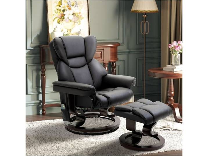 Fauteuil relax massant pivotant 360° avec repose-pieds inclinaison 145° simili cuir noir
