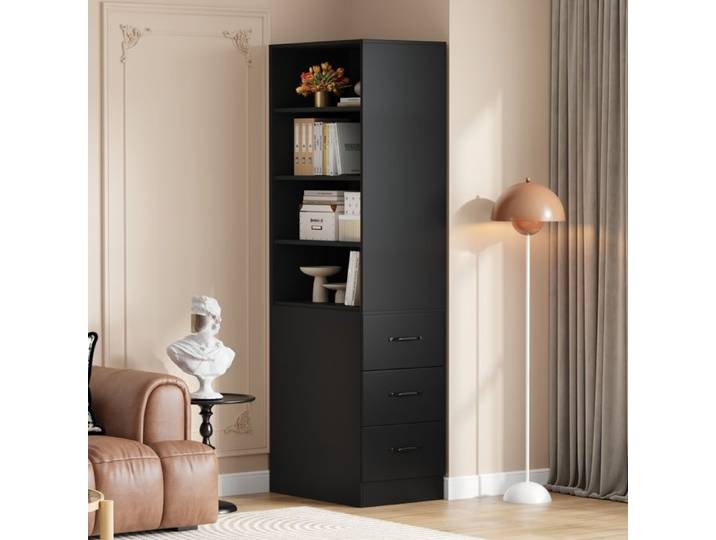 Bibliothèque Ultra-Mince 38cm avec Tiroirs Latéraux - 4 Niches avec Clayettes Réglables-Structure Panneaux de Particules Écologiques