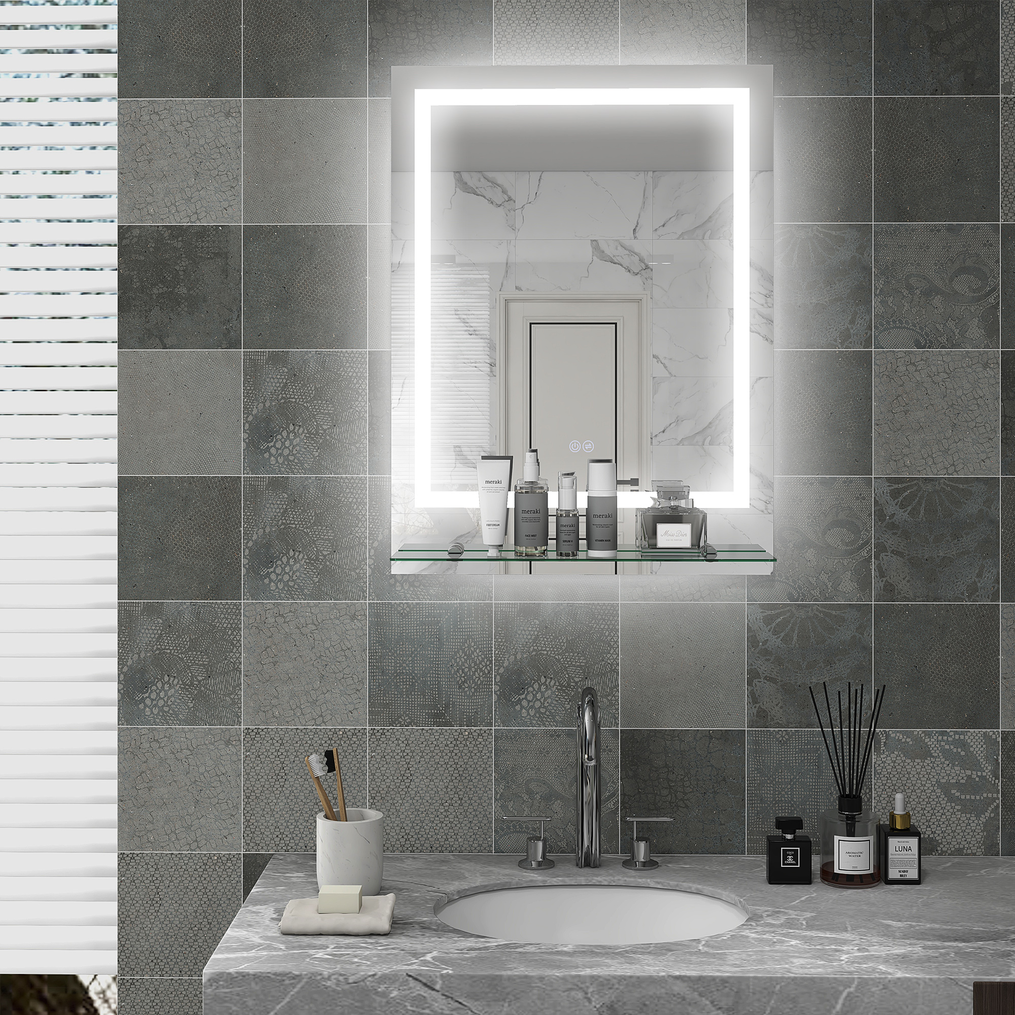 Kleankin Specchio rettangolare da parete con luci LED per bagno 80 x 60 cm