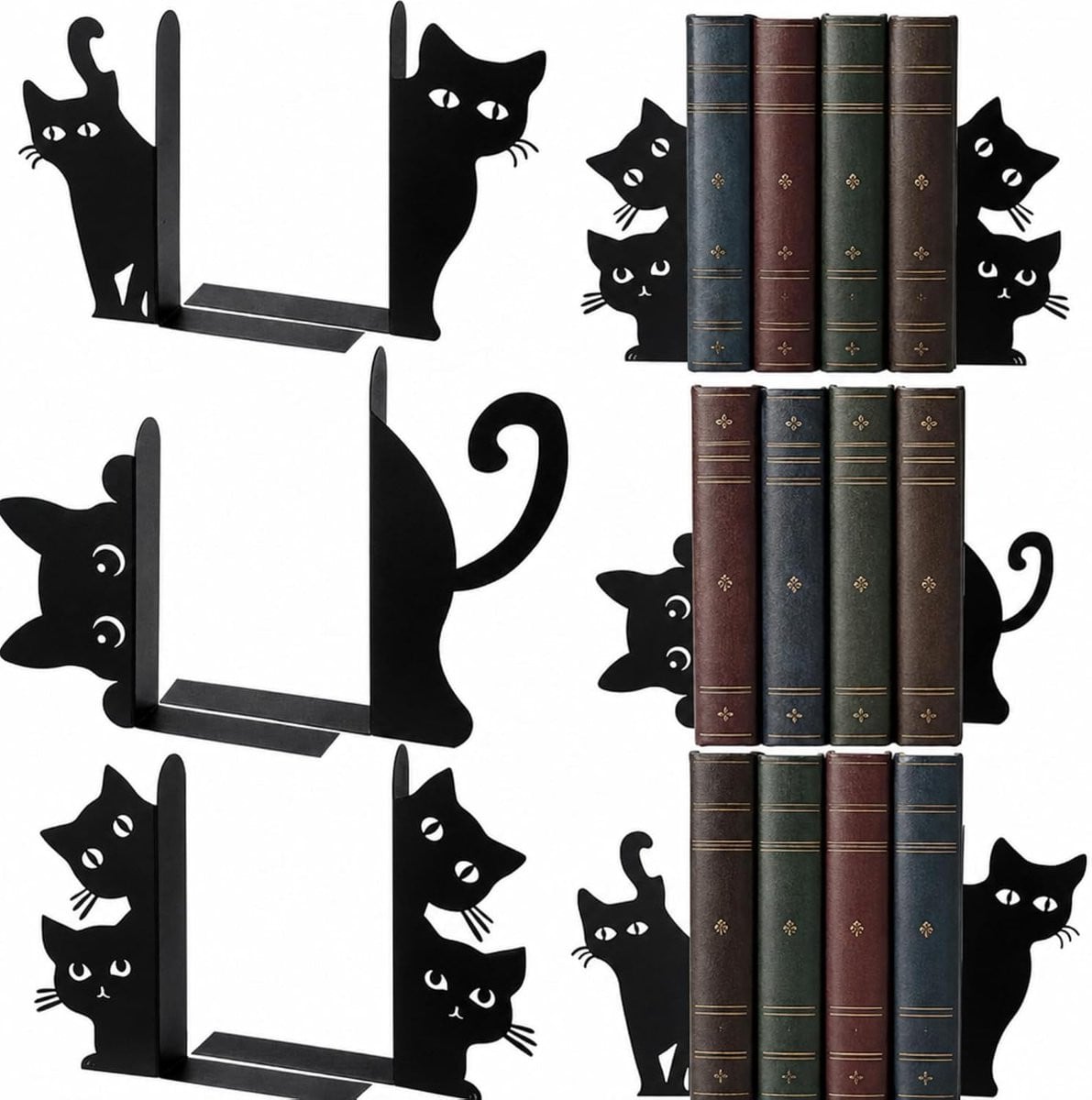 Set van 6 zwarte katten boeksteunen van metaal voor boeken en CD's