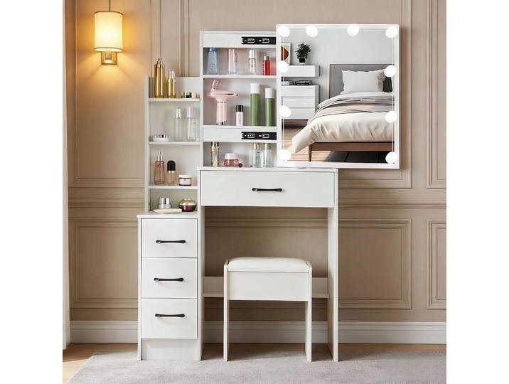 Ensemble coiffeuse moderne Teousev avec miroir LED coulissant 3 couleurs et éclairage, bureau de maquillage avec rangement pour chambre à coucher