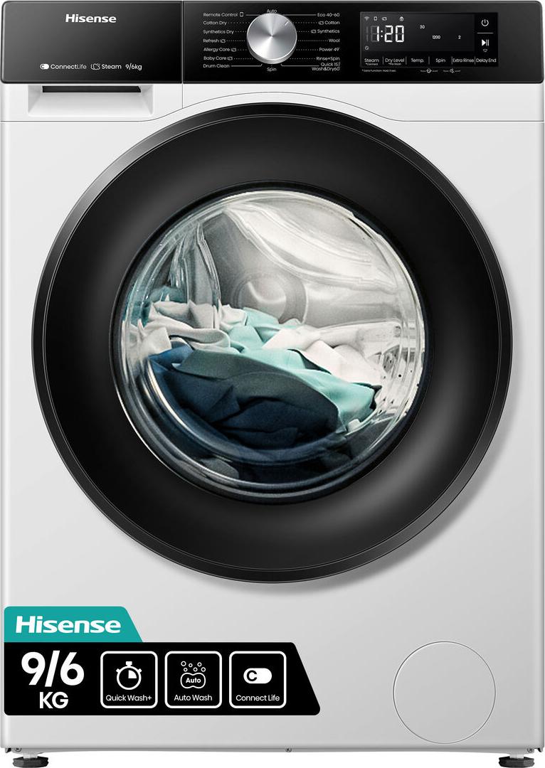 Hisense WD3S9043BW3 Waschtrockner, 9kg, 1400 U/min 9 kg, WIfi, Jetwash, Dampffunktion