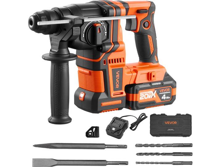 Marteau perforateur sans fil VEVOR 13/16 pouces SDS-Plus\, 20 V\, marteau burineur sans balais avec chargeur\, 3 forets\, burin plat\, burin pointu et mallette de transport\, pour béton et maçonnerie\, noir et orange