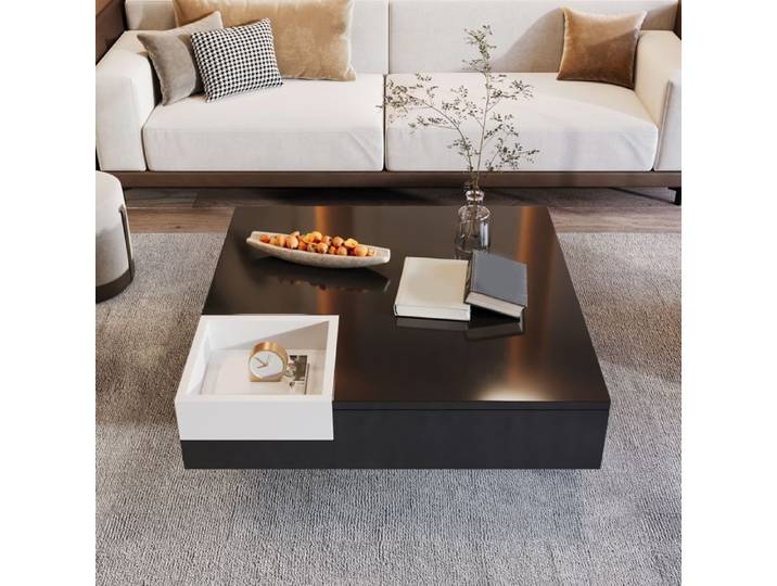 Piaenon，Table basse ，avec lumière LED boîte de rangement amovible coloris noir et blanc 72*72*30 cm.