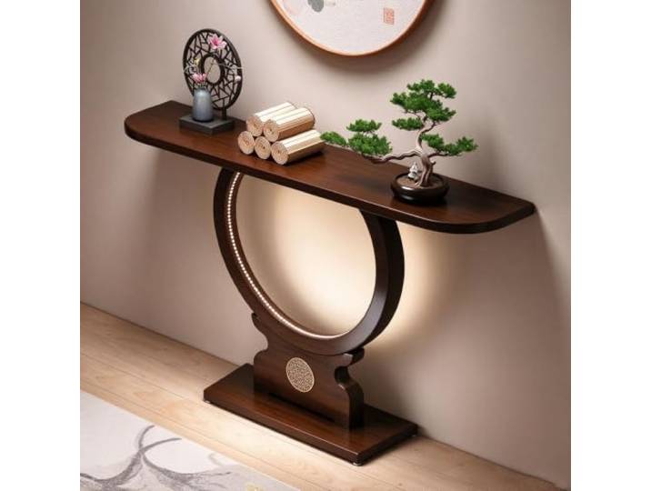 Moderner Bambus Konsolentisch mit LED, Schmaler Flurtisch im Zen-Stil Minimalistischer Sofatisch und Schlanker Beistelltisch für Kleine Räume, Flur und Eingangsbereich(L100cm/39.3in)