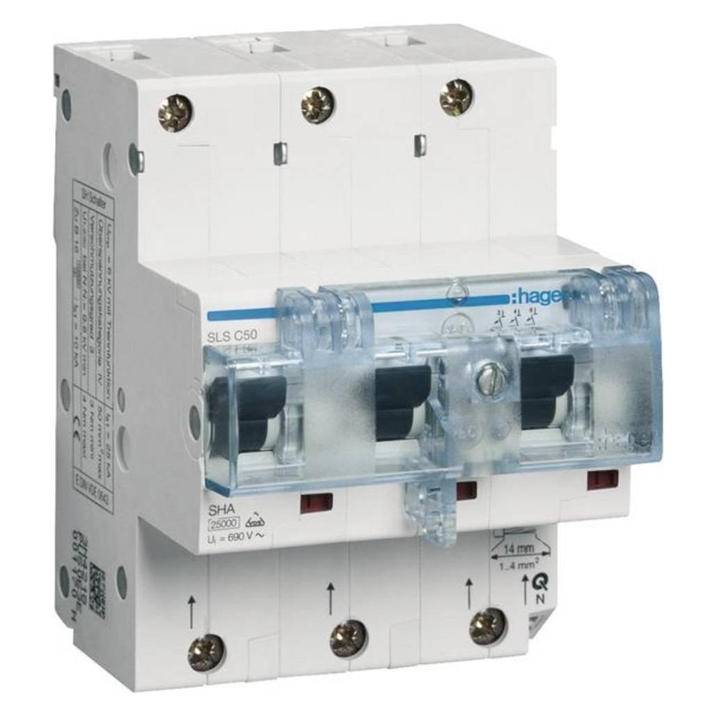 Hager HAG HTN350C SLS Schalter 3 polig Cs-Charakteristik 50A für Hutschienenmontage (HTN350C)