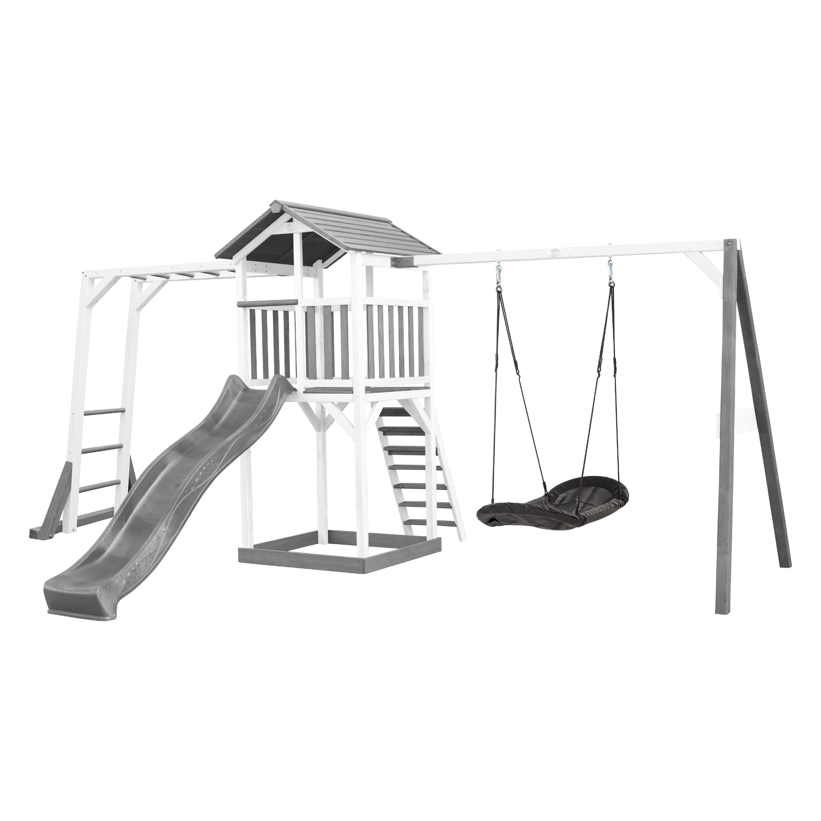 Axi Beach Tower Spielturm mit Klettergerüst und Roxy Nestschaukel - Graue Rutsche (A025.134.82)