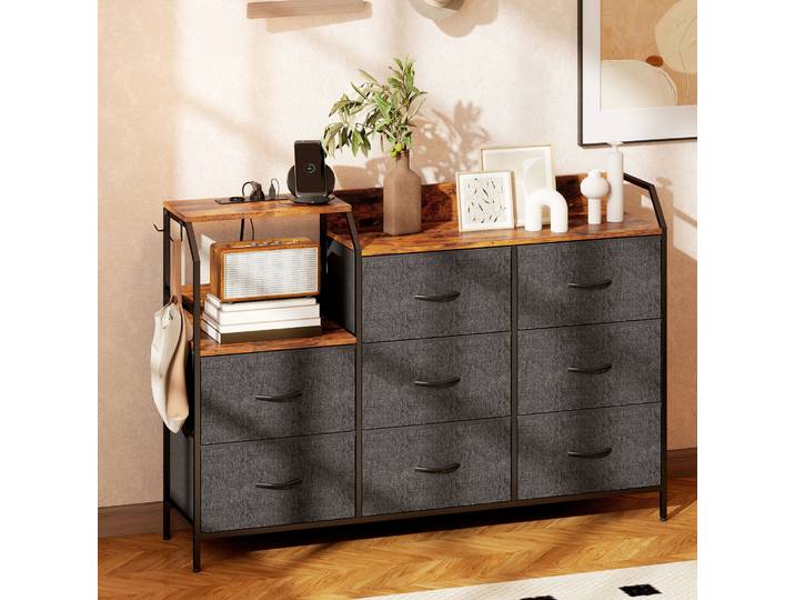 HOMCOM Commode 8 Tiroirs Tissu avec Station Recharge Marron