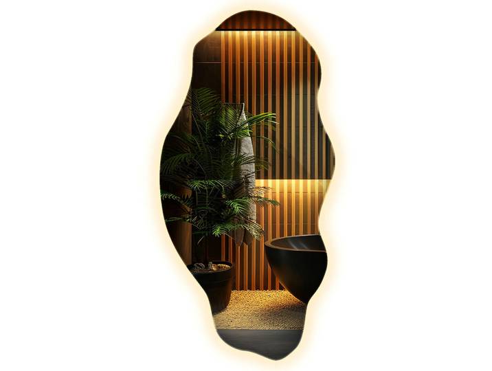 Wallfluent Led-Spiegel 40x80 cm Asymmetrisch Warmweiß 3000K, Gelb, Glas, Organisch, 40x80x0.4 cm, Spiegel, Wandspiegel