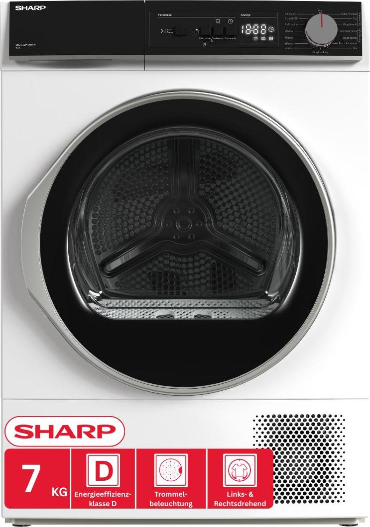SHARP KD-NHA7S6GW1D-DE Wärmepumpentrockner (7 kg, EEK D), (15 Trockenprogramme, 20 Min. Kurzprogramm, Edelstahltrommel mit LED-Beleuchtung), Weiß