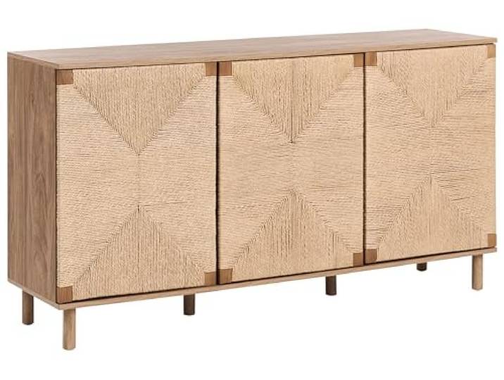 Beliani Sideboard Holzoptik Hellbraun 40x153x81 cm mit 3 Papierseil-Türen Boho Design Bondi