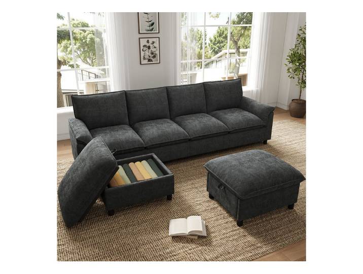 STILVORA Schlafsofa 4 Sitzer Sofa mit Fußhocker U-förmiges Ecksofa Chaiselongue, Chenillebezug, Komfortpolsterung, weich, formstabil, langlebig, für Wohnzimmer, Gästezimmer, Lounge- und Ruheräume