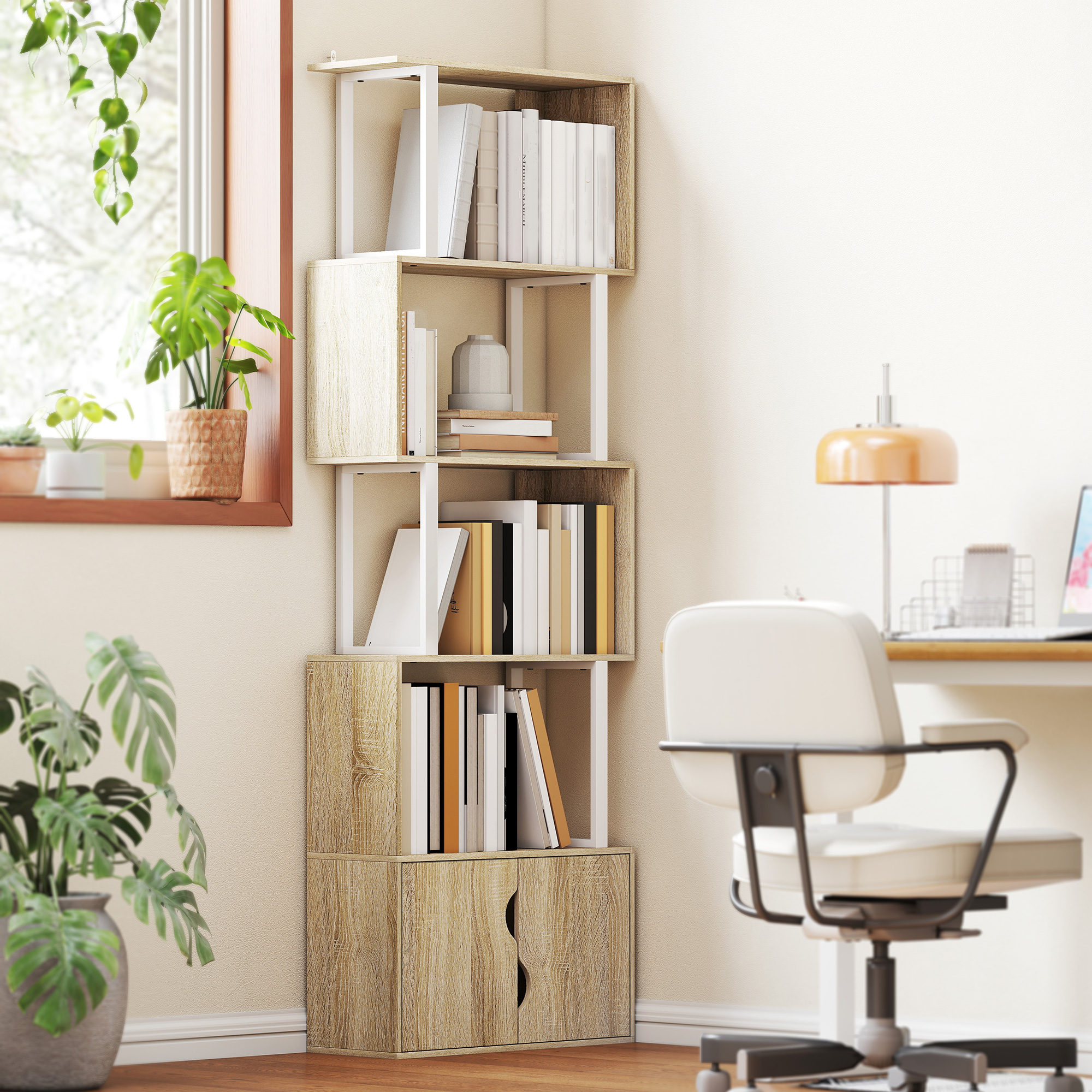 Homcom Libreria a 5 livelli, mobile di archiviazione con scaffali e armadio doppia porta, 60 x 23,8 x 179,2 cm, legno naturale   Aosom Italy