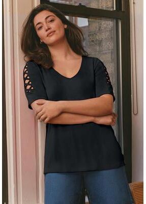 Plus Size Women's Lattice Sleeve Tunic by Avenue in Black (Size 22/24)