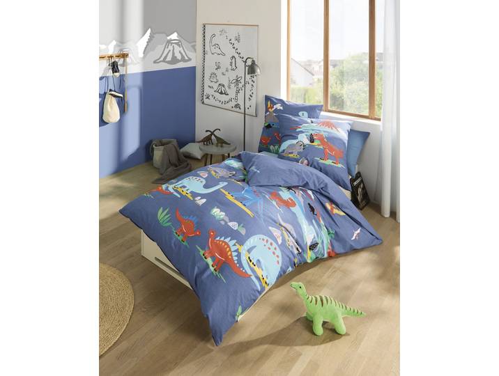 Kinderbettwäsche KAEPPEL Dinosaurus , blau, B/L: 100cm x 135cm, 1 Stk., 1 Stk., Renforcé, B/L: 40cm x 60cm, 2 Stk., Renforcé, Obermaterial: 100% Baumwolle, Bettwäsche, Kinderbettwäsche, Mit Dinosaurier