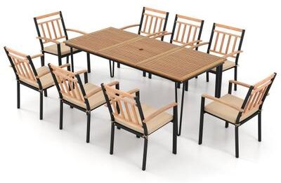 Costway 9-Piece Patio Dining Set 35.5 Inch Acacia Wood Table with Umbrella Hole and 24-Inch Wide Chairs