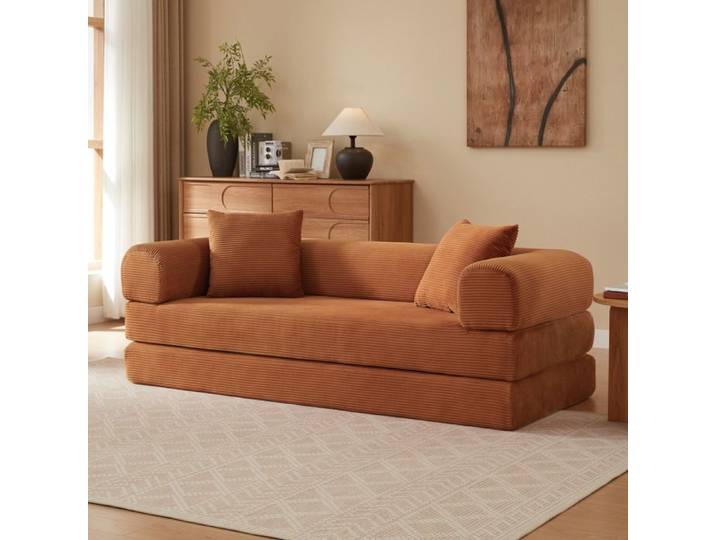 ELVORIN canapé convertible modulable 3 places 195 x 89 x 59 cm terracotta velours côtelé mousse froide sans montage