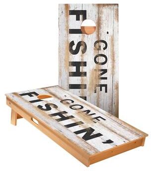 Skip's Garage Distressed Wood Gone Fishin Cornhole Boards