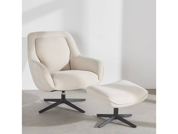 Beige-schwarzer Stahl-Sessel und passendes Hocker-Set