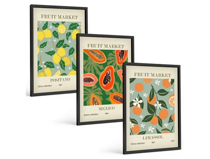 BILDER SET 3er Set - 40x60 cm Schwarzer Rahmen - Fruchtposter Zitronen Papayas